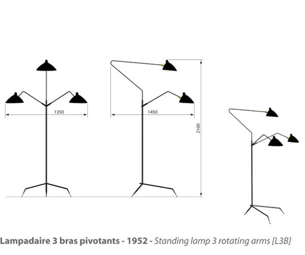 Serge Mouille Standing Lamp 3 Rotating Arms - L3B