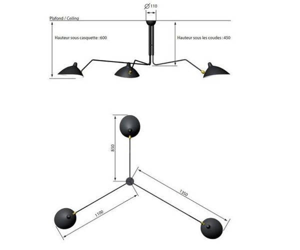 Serge Mouille Ceiling Lamp 3 Rotating Arms - P3B