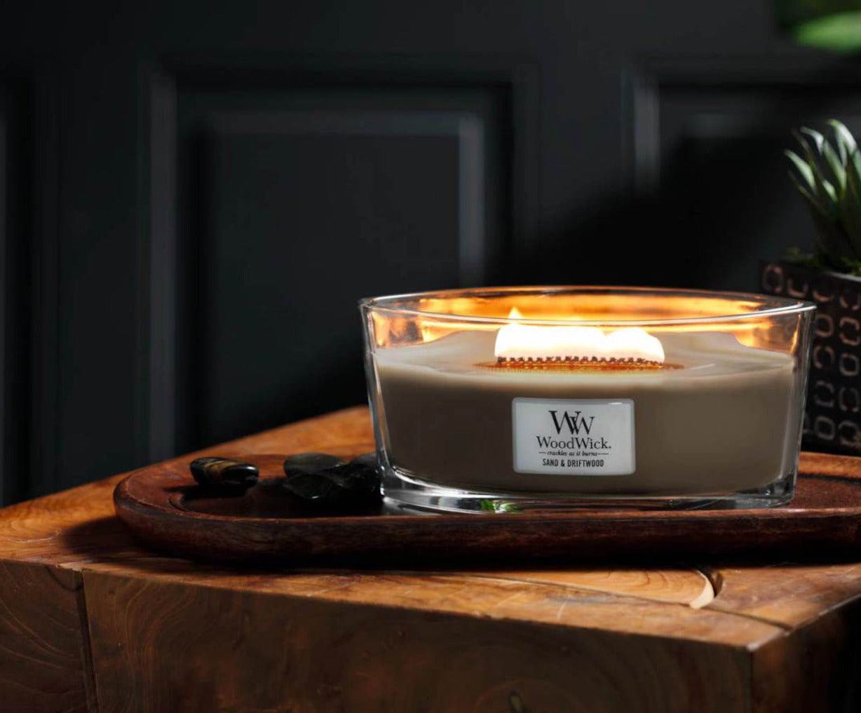 Woodwick Ellipse duftlys - sand & driftwood